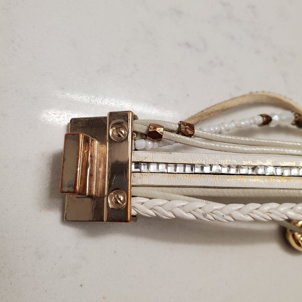 White Leather Gold Seashell Wrap Bracelet Preppy Boho Bride Nautical Party Glam - Picture 6 of 9